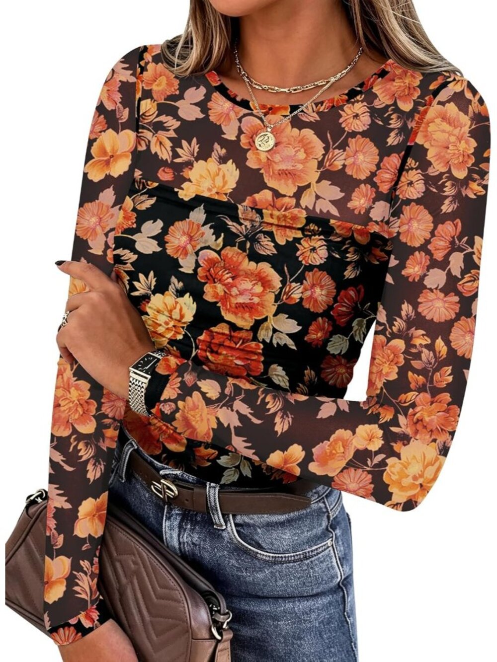 Women Floral Sheer Mesh Round Neck Long Sleeve Plain Hem Slim Dressy Blouse Top